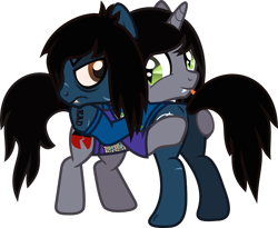 Size: 1413x1159 | Tagged: safe, artist:lightningbolt, derpibooru exclusive, earth pony, pony, undead, unicorn, zombie, zombie pony, .svg available, angry, bags under eyes, bipedal, bipedal leaning, bloodshot eyes, bring me the horizon, butt touch, clothes, colored pupils, disguised siren, drop dead clothing, fangs, gay, glascow smile, hoof on butt, horn, hug, kellin quinn, leaning, long sleeved shirt, looking at each other, male, oliver sykes, plot, ponified, scar, shipping, shirt, simple background, sleeping with sirens, slit eyes, smile. tattoo, stallion, stitches, svg, t-shirt, tongue out, transparent background, trap, vector
