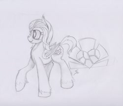 Size: 1931x1672 | Tagged: safe, artist:scribblepwn3, oc, oc only, oc:sunset glow, bat pony, concept, cutie mark, monochrome, pencil drawing, solo, traditional art