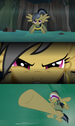 Size: 1366x2304 | Tagged: safe, edit, edited screencap, screencap, daring do, pony, daring don't, action, angry, cornered, daring dong, determination, determined, kick, kicking, meme, meme template, screencap comic, spread wings, stunt, template, wingboner, wings