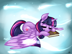 Size: 1024x768 | Tagged: safe, artist:simpleartstudent, twilight sparkle, twilight sparkle (alicorn), alicorn, abstract background, book, bookhorse, eyes closed, female, lying, mare, sleeping, solo, spread wings, wings