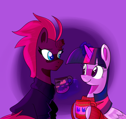 Size: 1800x1700 | Tagged: safe, artist:1racat, fizzlepop berrytwist, tempest shadow, twilight sparkle, twilight sparkle (alicorn), alicorn, pony, my little pony: the movie, broken horn, clothes, duo, magic, mug, sweater, telekinesis