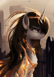 Size: 2480x3508 | Tagged: safe, artist:aidelank, oc, oc only, oc:queen salinas, pony, unicorn, armor, city, female, headdress, jewelry, mare, solo