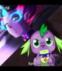 Size: 600x692 | Tagged: safe, artist:ponyprincessgirl100, midnight sparkle, sci-twi, spike, spike the regular dog, twilight sparkle, dog, equestria girls, friendship games, anime, collar, elf ears, looking at each other, sad, scene interpretation