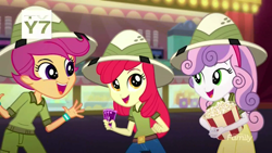 Size: 1280x720 | Tagged: safe, screencap, apple bloom, scootaloo, sweetie belle, eqg summertime shorts, equestria girls, the canterlot movie club, cinema, clothes, cutie mark crusaders, denim, excited, food, happy, hat, jeans, pants, pith helmet, popcorn, shirt, shorts, skirt, tickets