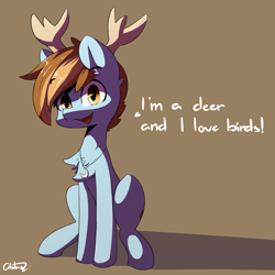 Size: 3500x3500 | Tagged: safe, artist:bloodatius, oc, oc only, deer pony, original species, pony, antlers, commission, dialogue, male, simple background, smiling, solo, stallion