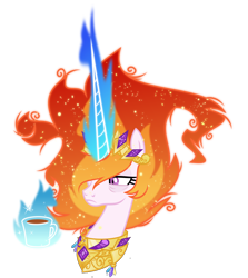 Size: 5000x5608 | Tagged: safe, artist:orin331, nightmare star, alicorn, pony, absurd resolution, bags under eyes, bust, cup, enterplay, evil, female, levitation, magic, magic aura, mane of fire, mare, simple background, solo, telekinesis, transparent background