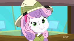 Size: 1920x1080 | Tagged: safe, screencap, sweetie belle, eqg summertime shorts, equestria girls, the canterlot movie club, clothes, cute, daring do costume, diasweetes, feminism, olive green shirt, pith helmet, sassasweetes, shirt, solo