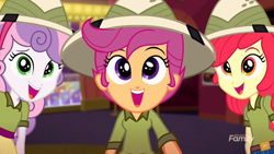 Size: 1920x1080 | Tagged: safe, screencap, apple bloom, scootaloo, sweetie belle, pony, eqg summertime shorts, equestria girls, the canterlot movie club, adorabloom, adorkable, clothes, cute, cutealoo, cutie mark crusaders, denim, diasweetes, dork, feminism, jeans, olive green shirt, pants, pith helmet, sassabloom, sassasweetes, scootasass, shirt, skirt