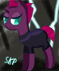 Size: 976x1171 | Tagged: safe, artist:sketchpon, tempest shadow, pony, unicorn, my little pony: the movie, armor, broken horn, frown, lightning, solo