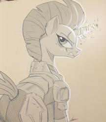 Size: 1500x1739 | Tagged: safe, artist:ncmares, tempest shadow, my little pony: the movie, broken horn, charity, commission, eye scar, female, grayscale, looking at you, monochrome, scar, signature, solo, traditional art