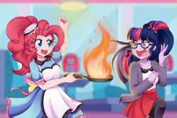 Size: 2700x1800 | Tagged: safe, artist:lucy-tan, pinkie pie, sci-twi, twilight sparkle, coinky-dink world, eqg summertime shorts, equestria girls, apron, clothes, diner, duo, female, fire, glasses, open mouth, pan, ponytail, server pinkie pie, sweet snacks cafe, waitress