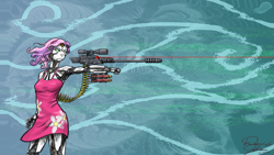 Size: 1920x1080 | Tagged: safe, artist:tadpoledraws, sweetie belle, sweetie bot, robot, equestria girls, bandolier, gun, laser sight, rifle, robots, weapon