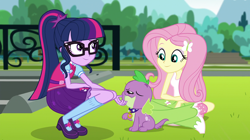 Size: 1912x1072 | Tagged: safe, screencap, fluttershy, sci-twi, spike, spike the regular dog, twilight sparkle, dog, dance magic, equestria girls, spoiler:eqg specials, boots, bowtie, clothes, crossed legs, cute, eyes closed, fence, glasses, high heel boots, kneeling, mary janes, parking lot, ponytail, shoes, skirt, socks, tree