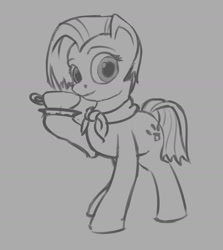 Size: 1280x1433 | Tagged: safe, artist:drafthoof, jasmine leaf, earth pony, pony, cup, lineart, monochrome, simple background, solo, teacup