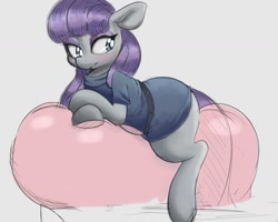 Size: 1163x929 | Tagged: safe, artist:tre, maud pie, pony, balloon, balloon sitting, blushing, clothes, colored sketch, eyeshadow, looking back, makeup, simple background, sketch, solo, white background