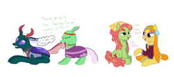 Size: 1800x800 | Tagged: safe, artist:mightyshockwave, free love (changedling), pharynx, tree hugger, changedling, changeling, to change a changeling, clothes, dialogue, feelings forum, group leader, headband, hippie, hippieling, prince pharynx, simple background, tail, tail pull, wheat grass