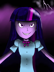 Size: 900x1200 | Tagged: safe, artist:horsesplease, twilight sparkle, equestria girls, evil grin, grin, lightning, looking at you, paint tool sai, purple, smiling, smirk, solo, this will end in tears