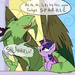 Size: 1280x1280 | Tagged: safe, artist:professor-ponyarity, twilight sparkle, twilight sparkle (alicorn), oc, oc:rye, alicorn, dragon, ambassador, drunk, tumblr comic, window