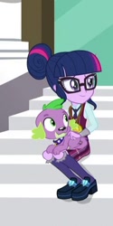 Size: 258x515 | Tagged: safe, screencap, sci-twi, spike, spike the regular dog, twilight sparkle, dog, equestria girls, friendship games, clothes, crystal prep academy uniform, glasses, hair bun, puppy, school uniform, shoes, skirt, smiling, socks