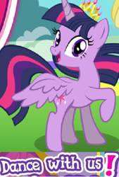 Size: 330x489 | Tagged: safe, artist:horsesplease, editor:horsesplease, twilight sparkle, twilight sparkle (alicorn), alicorn, caption, cropped, dancing, expand dong, exploitable meme, gameloft, happy, image macro, meme, smiling