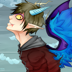 Size: 800x800 | Tagged: safe, artist:twigileia, artist:yahijustlovedragons, discord, human, collaboration, blood, clothes, cloud, cloudy, elf ears, hoodie, horned humanization, humanized, neck, red eyes, slit eyes, smiling, solo, winged humanization, wings, younger