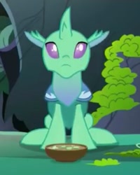 Size: 575x720 | Tagged: safe, screencap, soupling, changedling, changeling, to change a changeling, :c, cropped, cute, cuteling, food, frown, horn, looking up, male, solo, soup