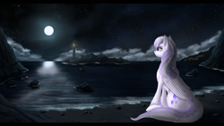 Size: 3920x2205 | Tagged: safe, artist:dezdark, oc, oc only, oc:starstorm slumber, pegasus, pony, beach, lighthouse, moon, night, ocean, solo