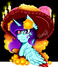 Size: 3000x3687 | Tagged: safe, artist:shamy-crist, oc, oc only, oc:sunny crist, alicorn, pony, candle, female, heterochromia, high res, mare, solo, sombrero