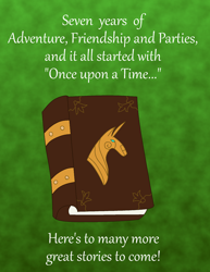 Size: 1700x2200 | Tagged: safe, artist:crowley, friendship is magic, book, book of harmony, green background, happy birthday mlp:fim, mlp fim's seventh anniversary, no pony, simple background