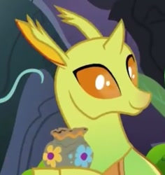 Size: 680x720 | Tagged: safe, screencap, clypeus, changedling, changeling, to change a changeling, background changeling, cropped, cute, cuteling, horn, male, pot, smiling, solo