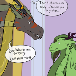 Size: 1280x1280 | Tagged: safe, artist:professor-ponyarity, oc, oc only, oc:rye, dragon, ambassador, door, nervous, tumblr comic