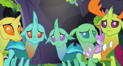 Size: 1000x535 | Tagged: safe, screencap, cornicle, thorax, changedling, changeling, to change a changeling, changeling hive, cute, cuteling, discovery family logo, floppy ears, king thorax, sad, thorabetes