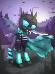 Size: 1024x1365 | Tagged: safe, artist:helmie-art, changeling, armor, assassin, knife, scout, solo, weapon