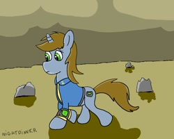 Size: 1000x800 | Tagged: safe, artist:amateur-draw, oc, oc only, oc:littlepip, pony, unicorn, fallout equestria, clothes, fanfic, fanfic art, female, mare, ms paint, pipbuck, solo, vault suit, walking, wasteland