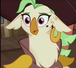 Size: 602x539 | Tagged: safe, screencap, captain celaeno, anthro, bird, my little pony: the movie, cropped, ear piercing, earring, jewelry, mole, piercing, pirate, scared, solo, the making of my little pony movie