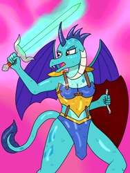 Size: 1600x2133 | Tagged: safe, artist:susanzx2000, dragon lord ember, princess ember, anthro, dragon, armor, dragoness, female, shield, solo, sword, tsundember, tsundere, weapon