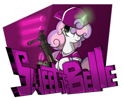 Size: 1150x920 | Tagged: safe, artist:hc0, sweetie belle, pony, unicorn, automatic rifle, backwards ballcap, baseball cap, cap, crystal, female, filly, hat, magic, solo, sweetie belle's magic brings a great big smile, weapon