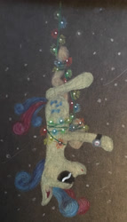 Size: 2134x3729 | Tagged: safe, artist:pony-from-everfree, bon bon, sweetie drops, earth pony, pony, christmas, christmas lights, female, glasses, hanging, holiday, mare, secret agent sweetie drops, solo, sunglasses, traditional art, watch