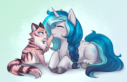 Size: 2512x1623 | Tagged: safe, artist:askbubblelee, oc, oc only, oc:bubble lee, oc:fish, oc:imago, cat, pony, unicorn, blushing, body freckles, cute, eyes closed, female, freckles, fursona, mare, ocbetes, prone, smiling, unshorn fetlocks