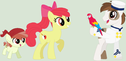 Size: 866x418 | Tagged: safe, artist:lost-our-dreams, apple bloom, pipsqueak, oc, oc:pippin, parrot, pony, family, offspring, older, older apple bloom, older pipsqueak, parent:apple bloom, parent:pipsqueak, parents:pipbloom, pipbloom, sailor uniform, shipping, simple background