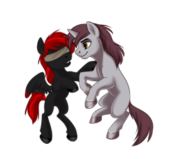 Size: 1300x1200 | Tagged: safe, artist:tuwka, oc, oc:abel, oc:cain, pegasus, pony, unicorn, blindfold, brothers, cain, colored hooves, community related, d'lirium, male, rearing, red and black oc, simple background, steam, transparent background