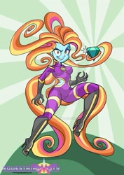 Size: 600x847 | Tagged: safe, artist:art-2u, sassy saddles, equestria girls, commission, equestria girls-ified, equestrian city, female, jewel, prehensile hair, solo, villainess, watermark