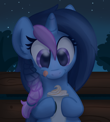 Size: 1024x1126 | Tagged: safe, artist:littleblackraencloud, oc, oc only, pony, unicorn, :p, bench, coffee, cup, cute, drink, ear fluff, female, food, happy, hoof hold, latte, looking down, mare, night, ocbetes, outdoors, sky, solo, stars, tongue out, tree