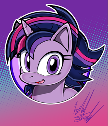 Size: 1111x1300 | Tagged: safe, artist:fuzon-s, twilight sparkle, twilight sparkle (alicorn), alicorn, pony, castle sweet castle, alternate hairstyle, bust, looking at you, pony channel, portrait, punklight sparkle, smiling, solo, style emulation, yuji uekawa style