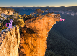 Size: 978x709 | Tagged: safe, artist:didgereethebrony, pinkie pie, twilight sparkle, twilight sparkle (alicorn), alicorn, australia, blue mountains, cliff, cliff face, in which pinkie pie forgets how to gravity, irl, photo, pinkie being pinkie, pinkie physics, ponies in real life, valley