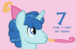 Size: 1632x1066 | Tagged: safe, artist:crystalis, derpibooru exclusive, party favor, happy birthday mlp:fim, hat, mlp fim's seventh anniversary, party, party hat, party horn, simple background, text, vector