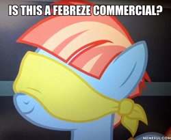 Size: 600x491 | Tagged: safe, edit, edited screencap, screencap, windy whistles, pony, parental glideance, blindfold, febreze, image macro, meme