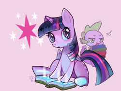 Size: 640x480 | Tagged: safe, artist:ukidama-illust, spike, twilight sparkle, twilight sparkle (alicorn), alicorn, dragon, pony, :o, book, cutie mark background, duo, female, looking at you, male, mare, open mouth, pink background, simple background, sitting