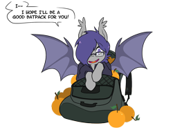 Size: 1408x1059 | Tagged: safe, artist:egophiliac, oc, oc only, oc:dusk rhine, bat pony, backpack, bat pony oc, batpack, clothes, cute, dialogue, food, fruit, glasses, hair over one eye, happy, hoodie, looking at you, male, orange, simple background, solo, speech bubble, spread wings, stallion, transparent background, wings