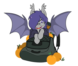 Size: 1140x968 | Tagged: safe, artist:egophiliac, oc, oc only, oc:dusk rhine, bat pony, 2018 community collab, backpack, batpack, clothes, cute, derpibooru community collaboration, food, fruit, glasses, hair over one eye, happy, hoodie, looking at you, male, orange, simple background, solo, spread wings, stallion, transparent background, wings